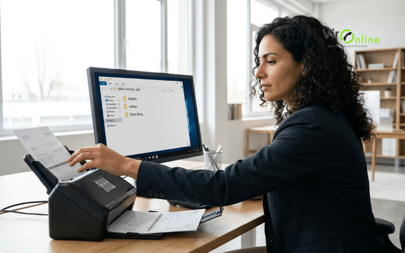 secretaria administrativa digitalizando facturas en oficina
