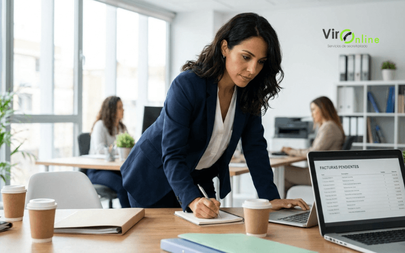 secretaria administrativa revisando seguimiento de cobros en oficina
